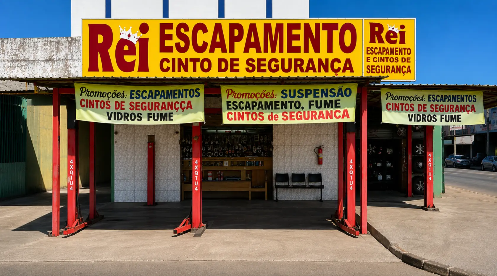 Fachada do Rei dos Escapamentos e Cinto de Segurança